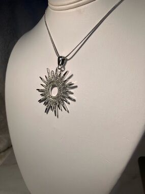 Sunburst Silver Pendant Necklace with Clear Crystal Accents reversible!